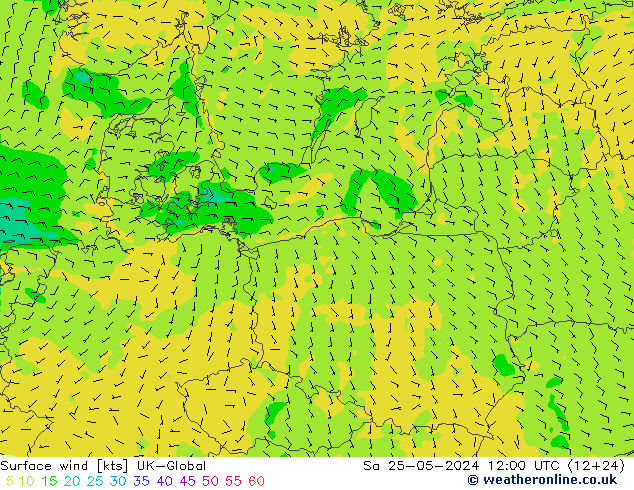 Vento 10 m UK-Global sab 25.05.2024 12 UTC