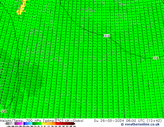 Hoogte/Temp. 700 hPa UK-Global zo 26.05.2024 06 UTC