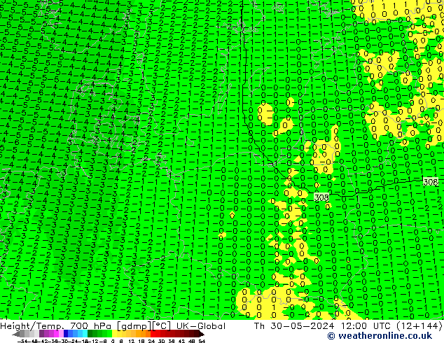 Height/Temp. 700 hPa UK-Global Th 30.05.2024 12 UTC