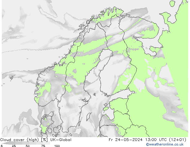 Cloud cover (high) UK-Global Fr 24.05.2024 13 UTC