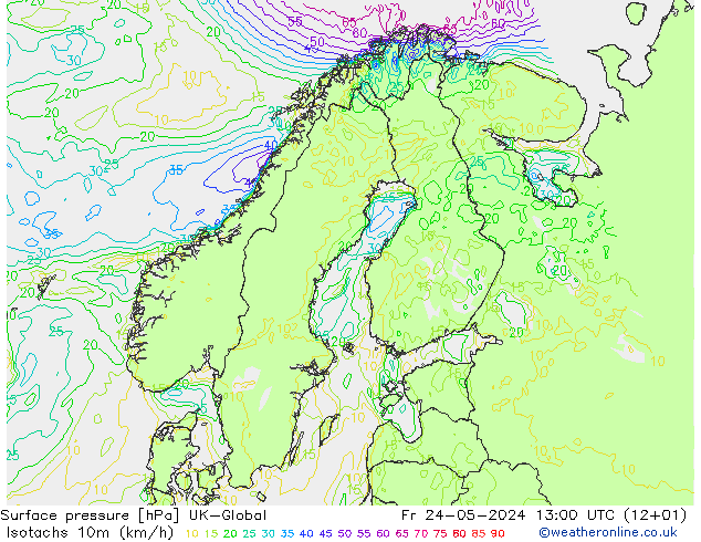 Isotachs (kph) UK-Global ven 24.05.2024 13 UTC