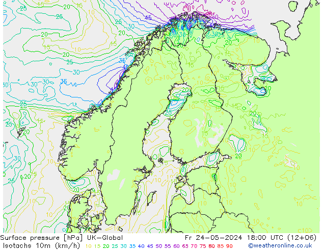 Isotachs (kph) UK-Global Fr 24.05.2024 18 UTC