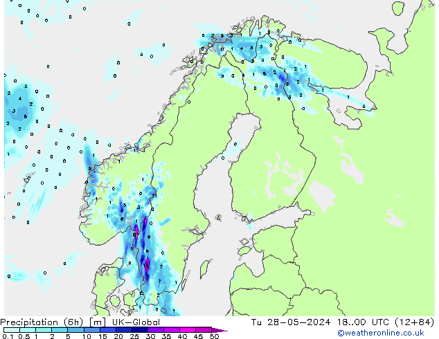 Precipitation (6h) UK-Global Tu 28.05.2024 00 UTC