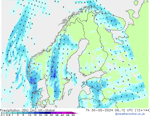 Precipitation (6h) UK-Global Čt 30.05.2024 12 UTC