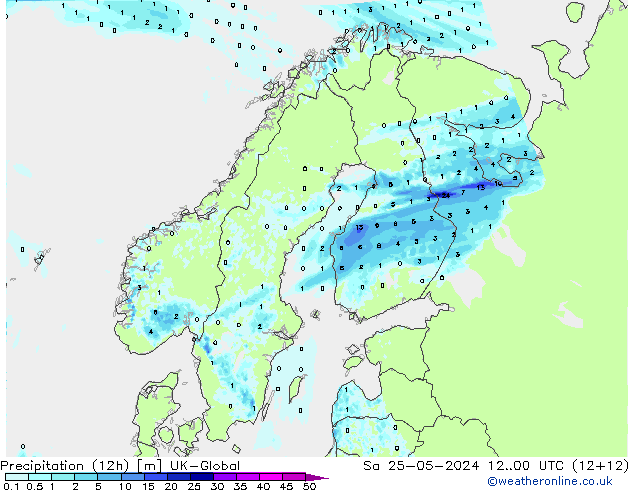 Totale neerslag (12h) UK-Global za 25.05.2024 00 UTC