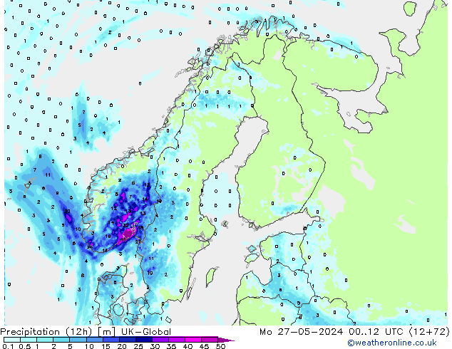 Totale neerslag (12h) UK-Global ma 27.05.2024 12 UTC