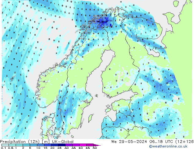 Precipitation (12h) UK-Global We 29.05.2024 18 UTC