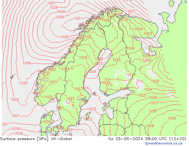 Atmosférický tlak UK-Global So 25.05.2024 08 UTC