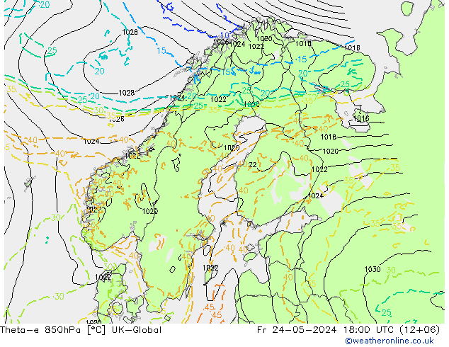 Theta-e 850hPa UK-Global Fr 24.05.2024 18 UTC