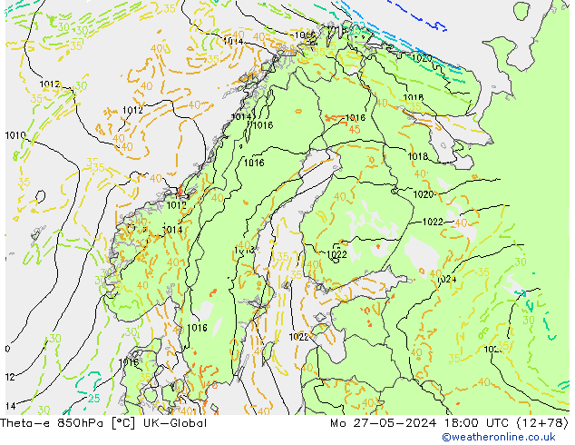 Theta-e 850hPa UK-Global lun 27.05.2024 18 UTC