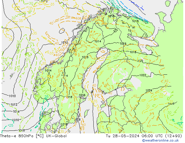 Theta-e 850hPa UK-Global Út 28.05.2024 06 UTC