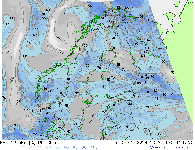 RH 850 hPa UK-Global Sáb 25.05.2024 18 UTC