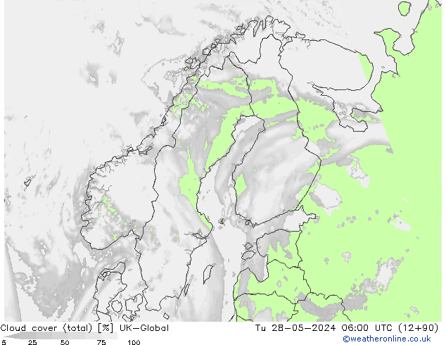 Cloud cover (total) UK-Global Tu 28.05.2024 06 UTC