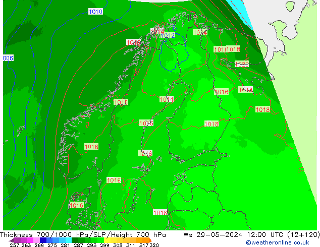 700-1000 hPa Kalınlığı UK-Global Çar 29.05.2024 12 UTC