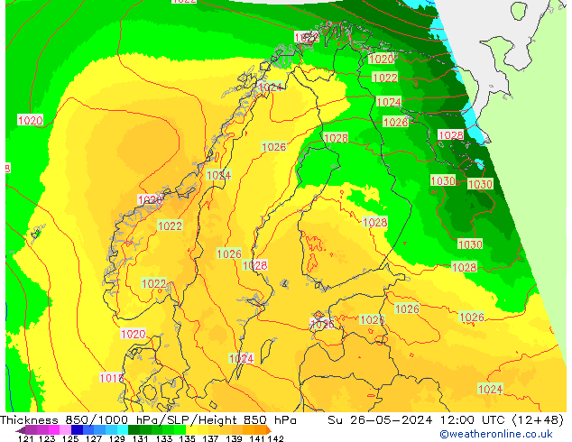 Thck 850-1000 hPa UK-Global Su 26.05.2024 12 UTC