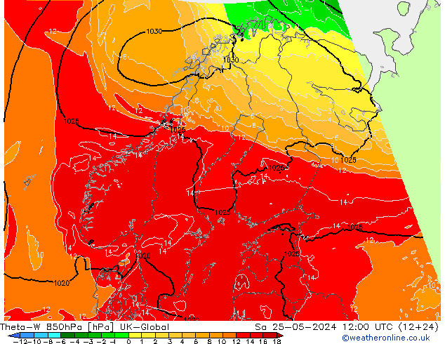 Theta-W 850hPa UK-Global Sáb 25.05.2024 12 UTC