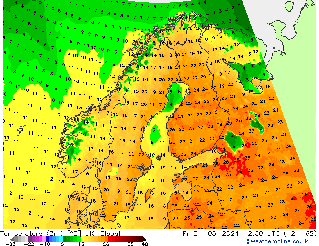 Temperaturkarte (2m) UK-Global Fr 31.05.2024 12 UTC