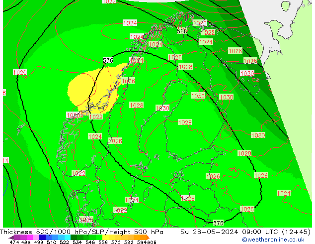 Thck 500-1000hPa UK-Global Su 26.05.2024 09 UTC