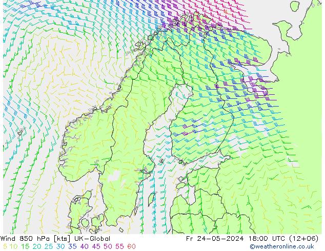 Wind 850 hPa UK-Global Fr 24.05.2024 18 UTC