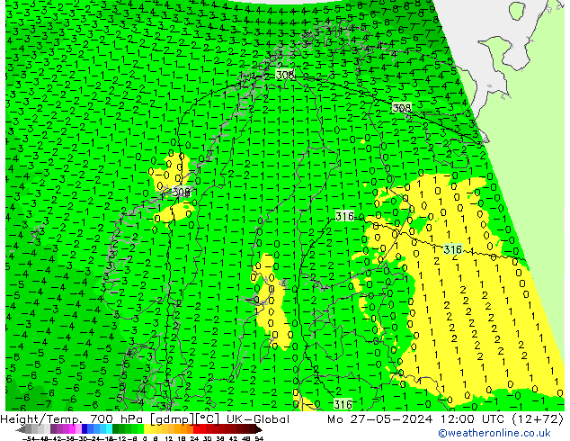 Hoogte/Temp. 700 hPa UK-Global ma 27.05.2024 12 UTC