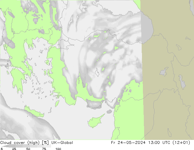 Cloud cover (high) UK-Global Fr 24.05.2024 13 UTC