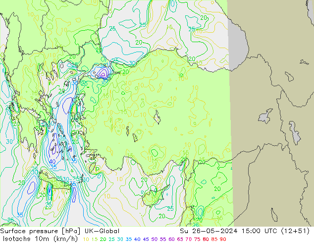 Isotachen (km/h) UK-Global zo 26.05.2024 15 UTC