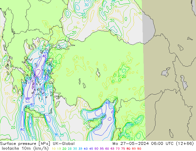 Isotachs (kph) UK-Global Mo 27.05.2024 06 UTC