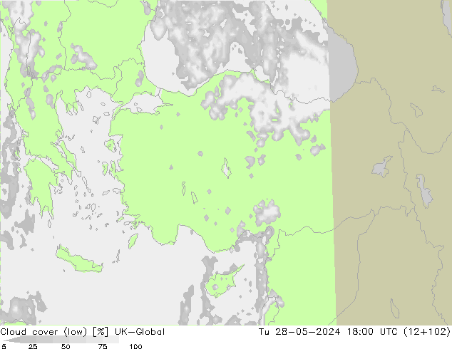Cloud cover (low) UK-Global Tu 28.05.2024 18 UTC