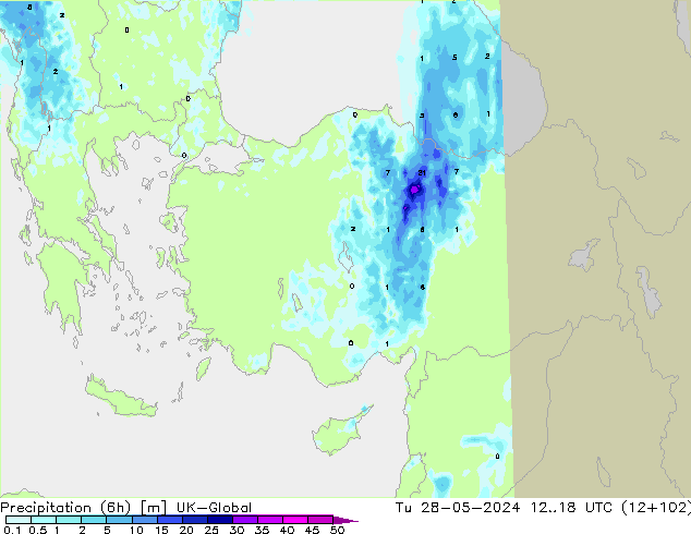 Precipitation (6h) UK-Global Út 28.05.2024 18 UTC