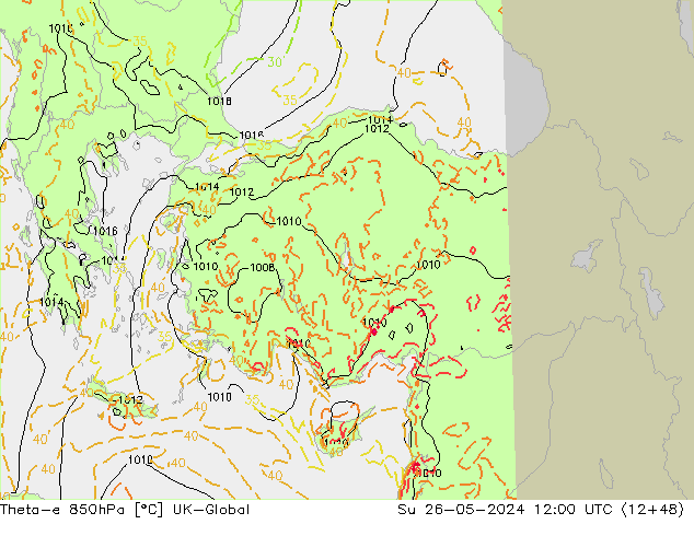 Theta-e 850hPa UK-Global  26.05.2024 12 UTC