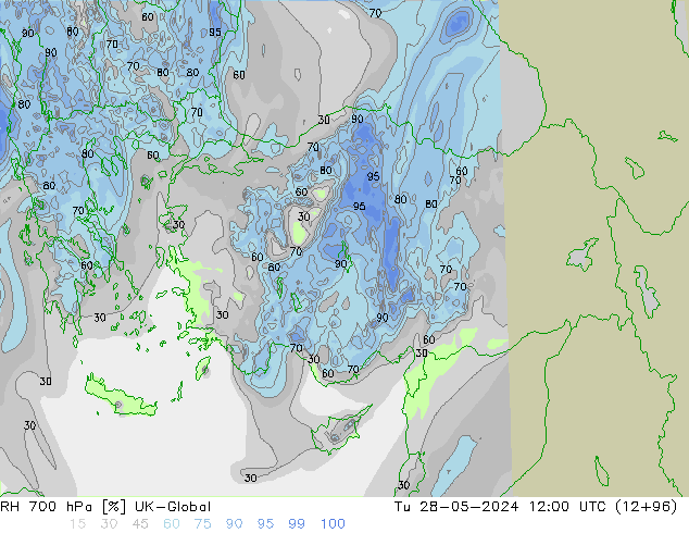 Humidité rel. 700 hPa UK-Global mar 28.05.2024 12 UTC