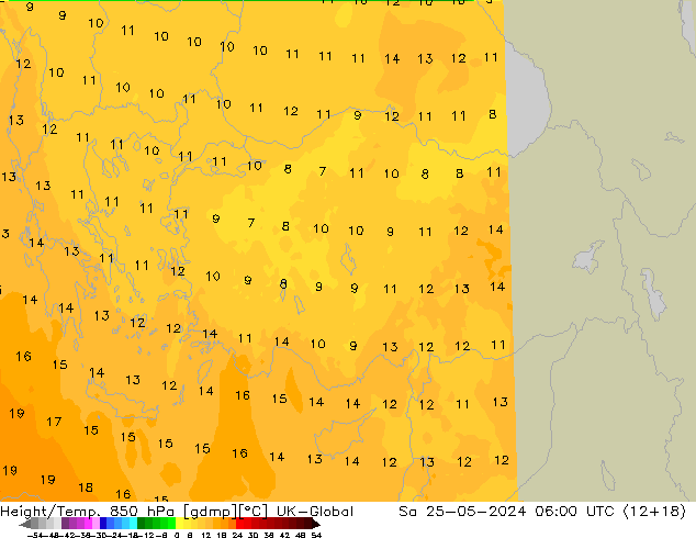 Geop./Temp. 850 hPa UK-Global sáb 25.05.2024 06 UTC
