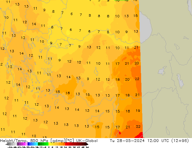 Height/Temp. 850 hPa UK-Global Út 28.05.2024 12 UTC