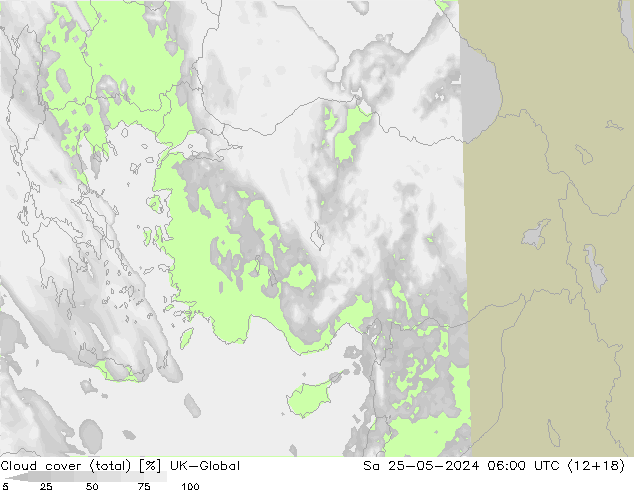 Bewolking (Totaal) UK-Global za 25.05.2024 06 UTC