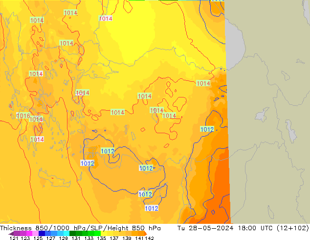 Dikte 850-1000 hPa UK-Global di 28.05.2024 18 UTC