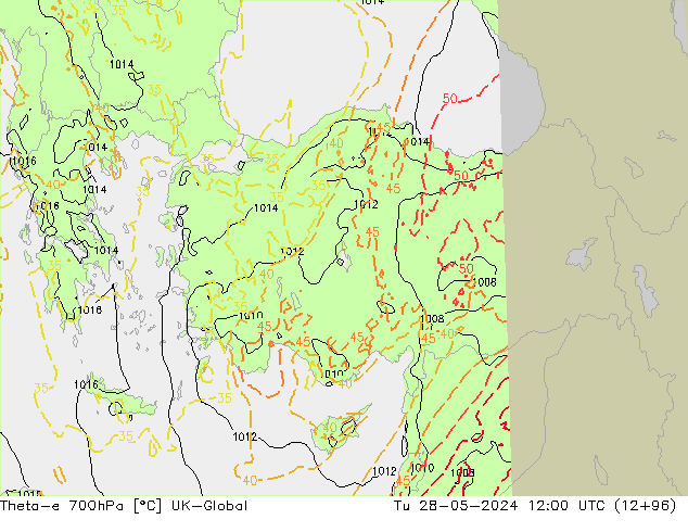 Theta-e 700hPa UK-Global mar 28.05.2024 12 UTC
