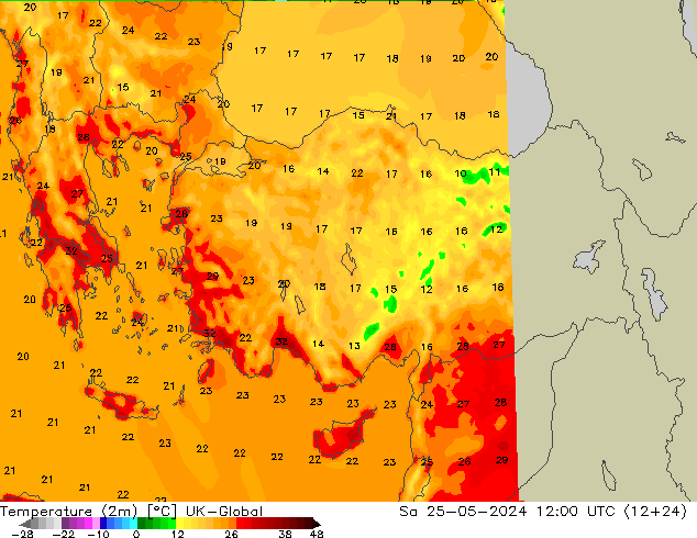 Temperatuurkaart (2m) UK-Global za 25.05.2024 12 UTC