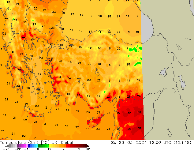 Temperaturkarte (2m) UK-Global So 26.05.2024 12 UTC