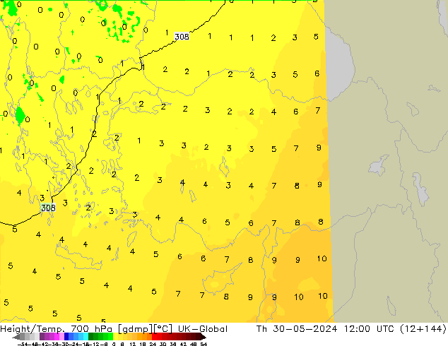 Height/Temp. 700 hPa UK-Global gio 30.05.2024 12 UTC