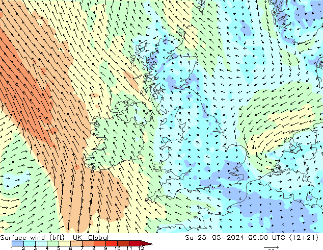 Vento 10 m (bft) UK-Global Sáb 25.05.2024 09 UTC