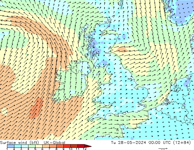 wiatr 10 m (bft) UK-Global wto. 28.05.2024 00 UTC