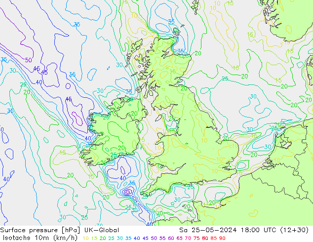 Isotachs (kph) UK-Global Sa 25.05.2024 18 UTC