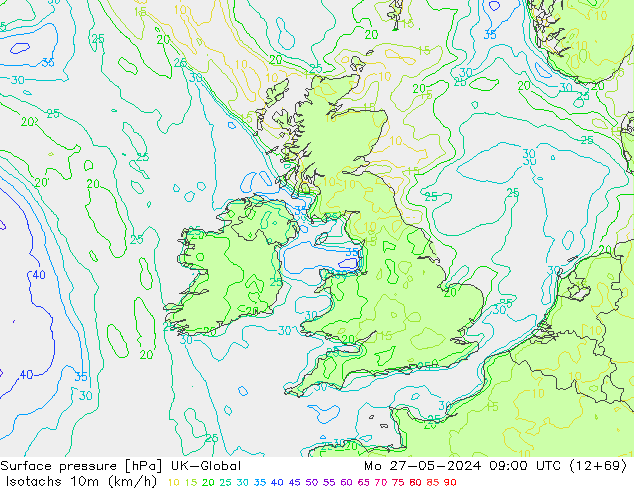 Isotachs (kph) UK-Global Mo 27.05.2024 09 UTC