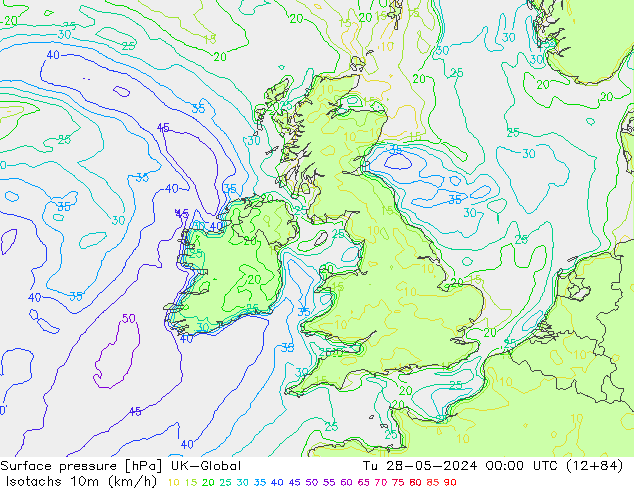 Isotachs (kph) UK-Global Út 28.05.2024 00 UTC