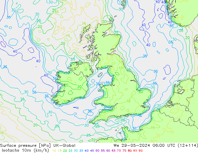 Isotachs (kph) UK-Global mer 29.05.2024 06 UTC