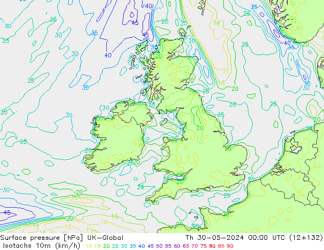 Isotachs (kph) UK-Global gio 30.05.2024 00 UTC