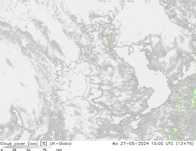 Cloud cover (low) UK-Global Mo 27.05.2024 15 UTC