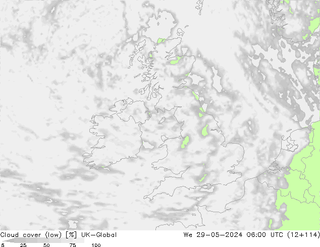 Cloud cover (low) UK-Global We 29.05.2024 06 UTC