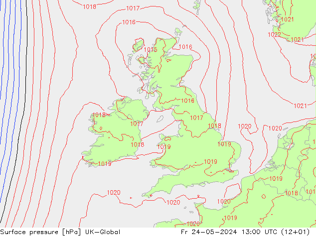Pressione al suolo UK-Global ven 24.05.2024 13 UTC