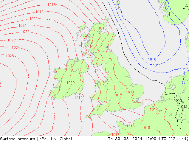 Pressione al suolo UK-Global gio 30.05.2024 12 UTC